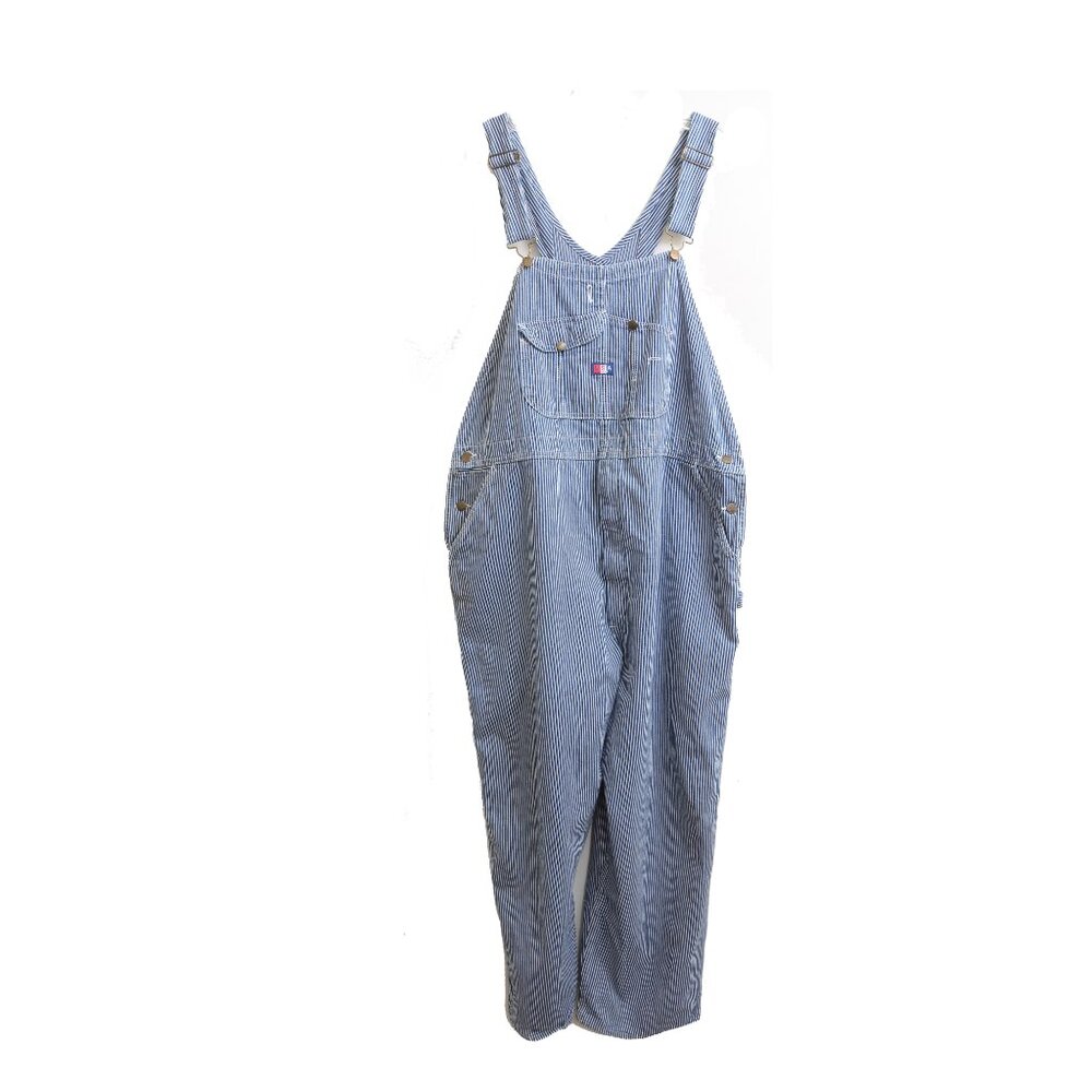 Vtg USA Works Sz 46x30 Railroad Stripe Carpenter Bib Denim Overalls Made in USA